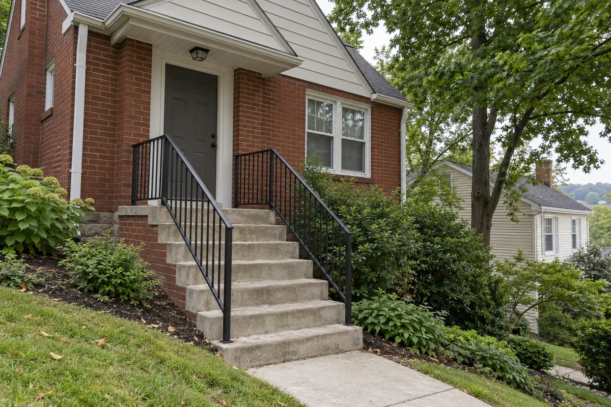 Steps up to the closed front door of a hillside house