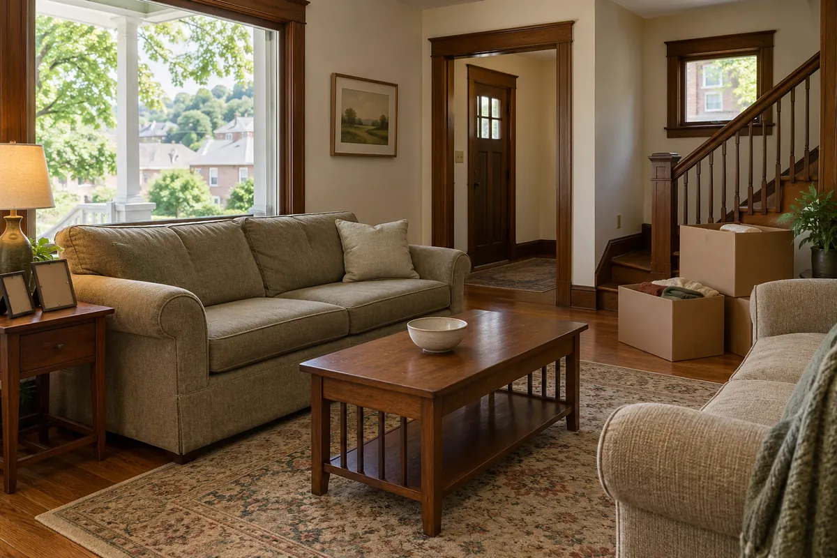 Living room of an older family home with a few packed boxes
