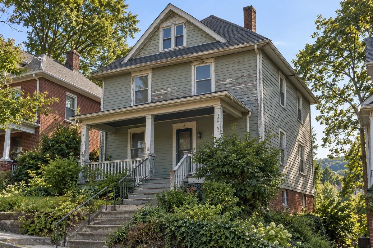 A house with peeling paint and worn roof shingles that needs repairs